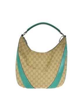 Gucci Hobo Beige Green GG Canvas Leather Shoulder Bag